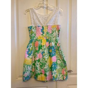 Lilly Pulitzer Floral Lace Yoke Fit and Flare Dress Green Pink Yellow 2016 Sz 0